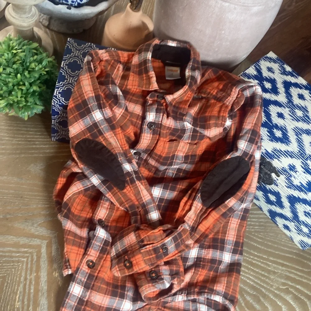 Boys Gymboree Orange Creamy White & Chocolate Brown Plaid Flannel Shirt